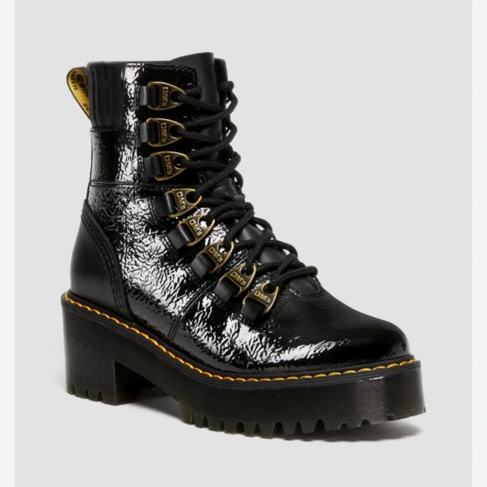 New Dr. Martens Leather Black Boots 8 Laurenne Distressed Patent Leather Laceup - Picture 2 of 13